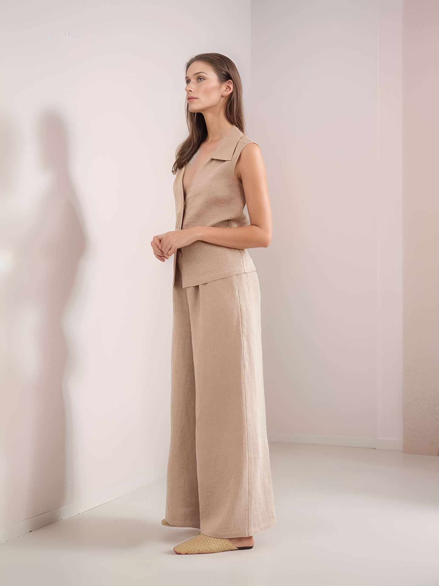 Wide Leg High Waist Linen Pants DIJON in Pearl