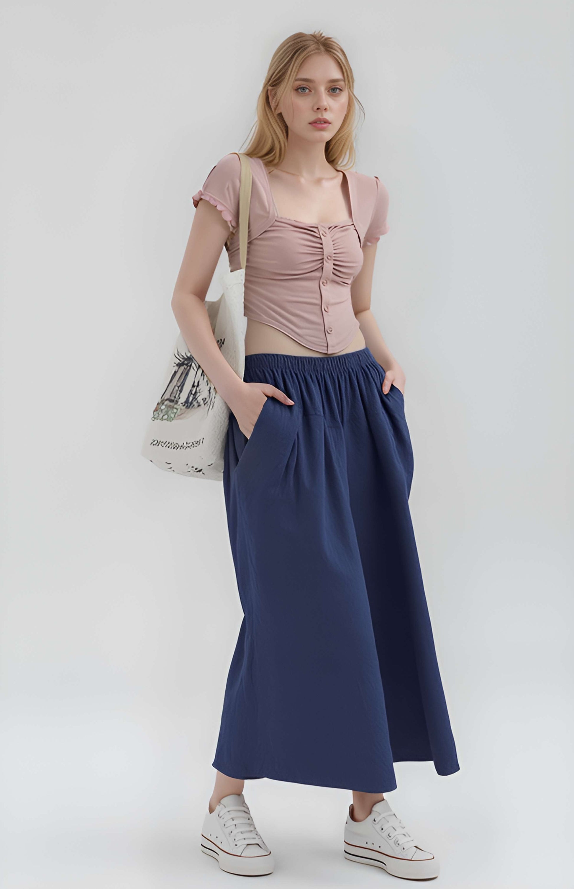 Wide Leg Linen Pants ALBI Elastic Waist Loose