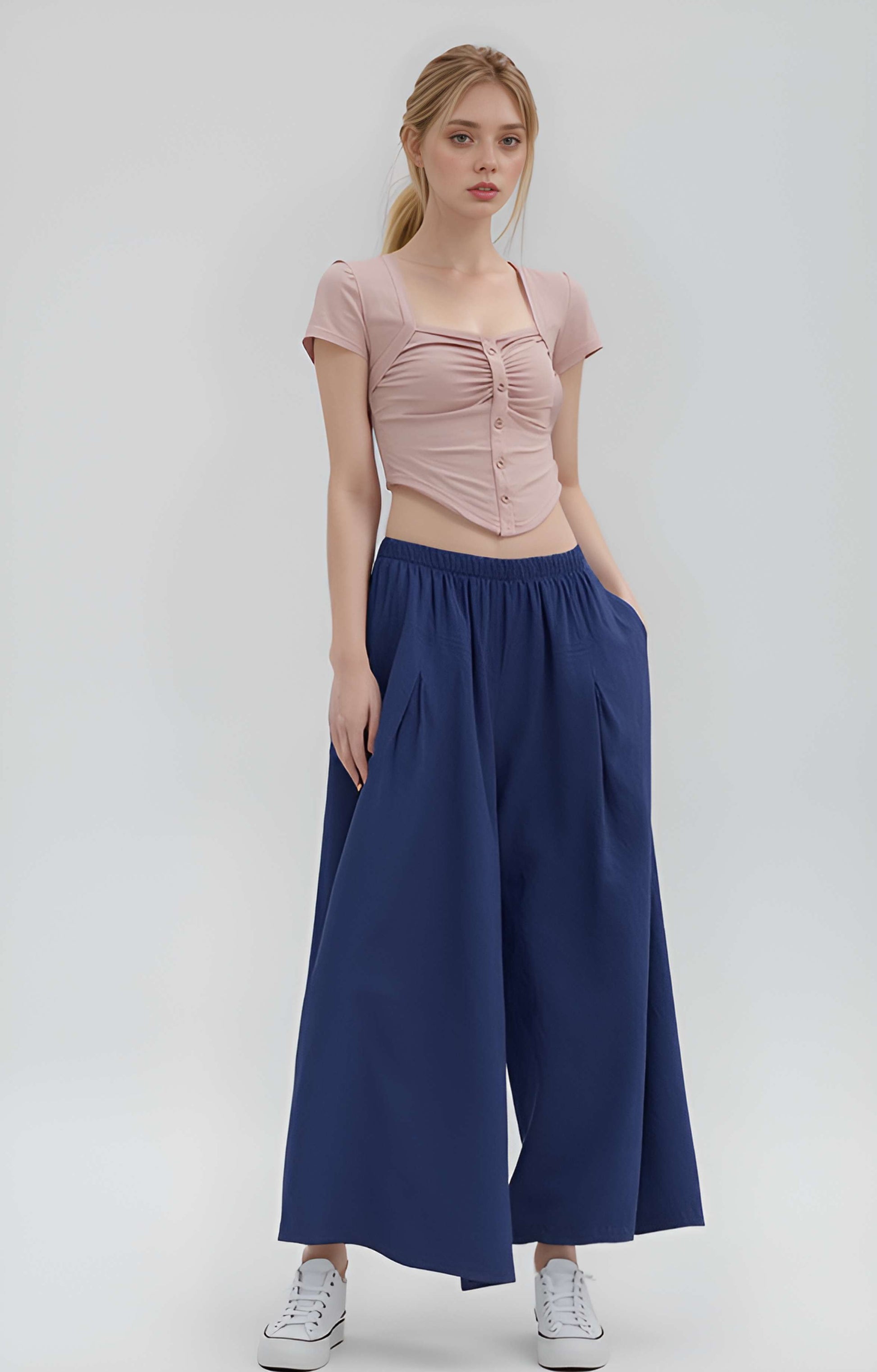Wide Leg Linen Pants ALBI Elastic Waist Loose