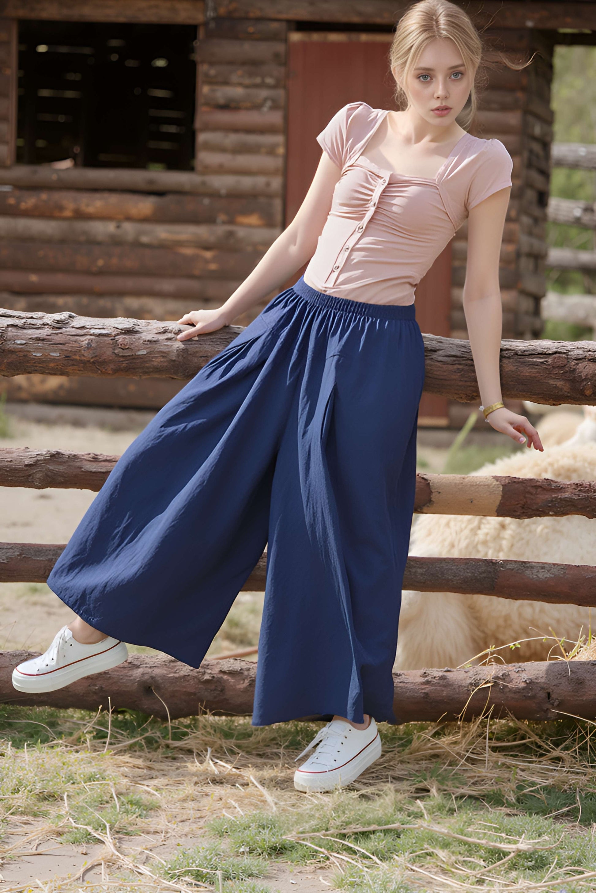 Wide Leg Linen Pants ALBI Elastic Waist Loose