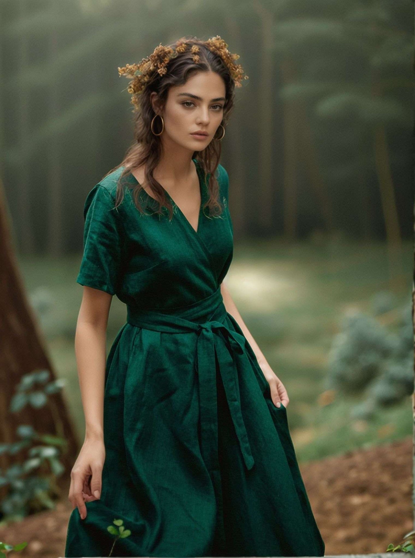 Wrap Linen Dress NANTES Romantic Wide Skirt