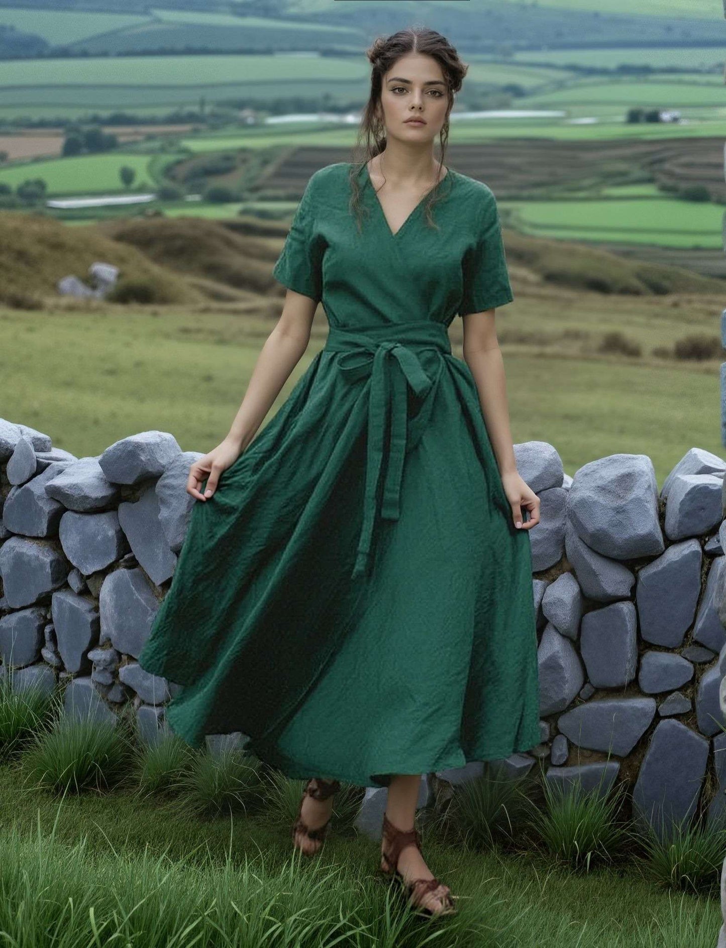 Wrap Linen Dress NANTES Romantic Wide Skirt