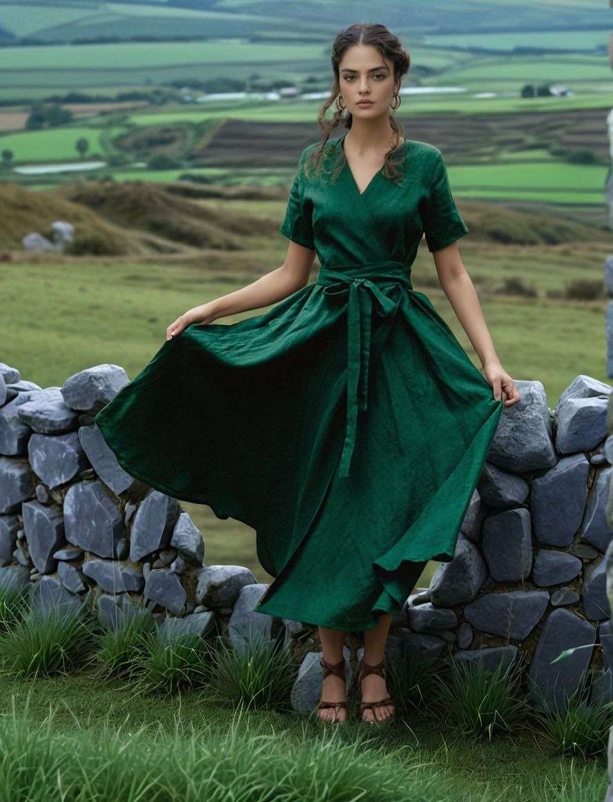 Wrap Linen Dress NANTES Romantic Wide Skirt