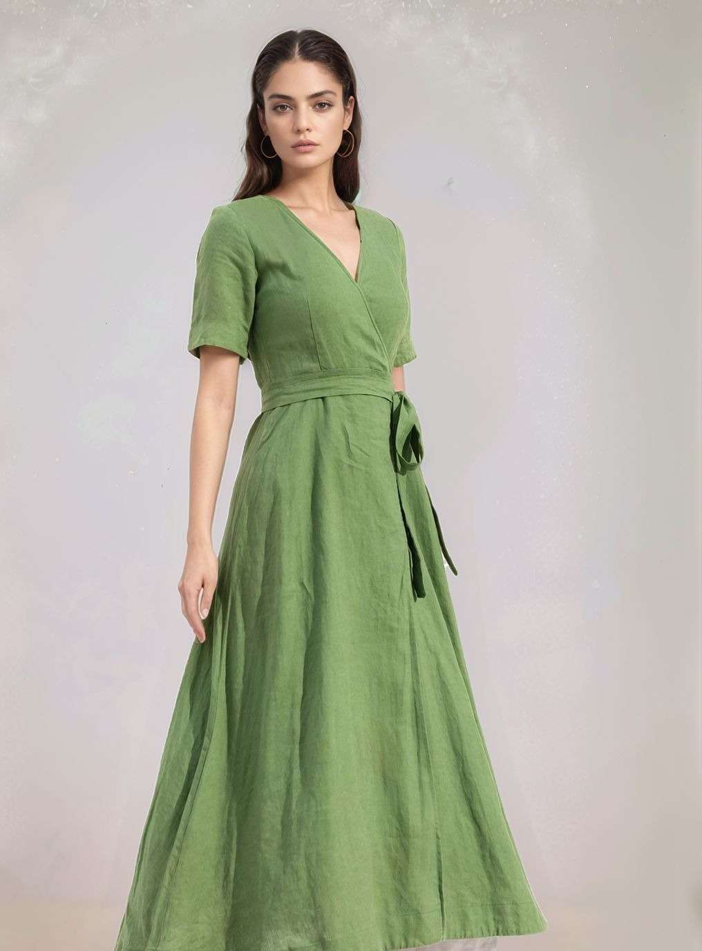 Wrap Linen Dress REIMS V Neck Elegant Minimalist