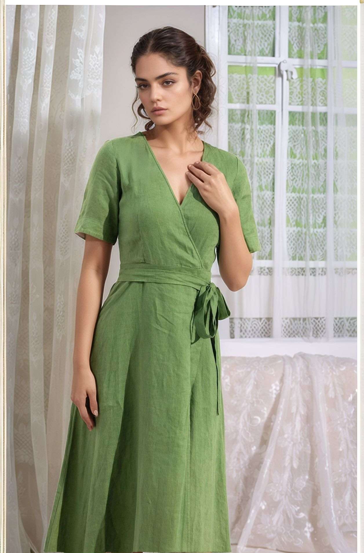Wrap Linen Dress REIMS V Neck Elegant Minimalist
